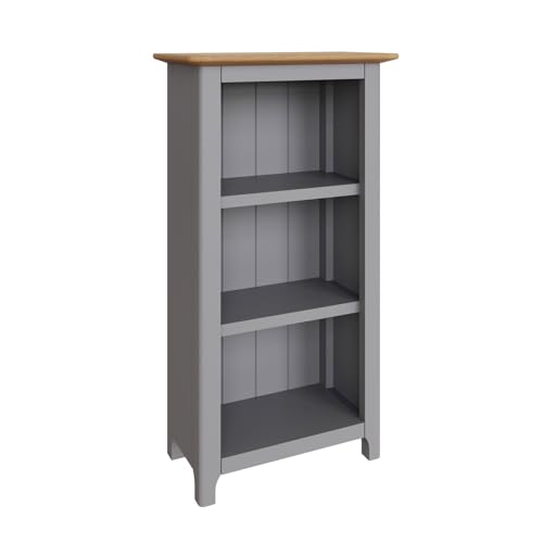 FWStyle Dove Grey 3 Tier Bookcase with Oak Veneer Top, Ready Assembled Compact Storage Shelf Unit for Living Room Bedroom Hallway or Office, Traditional Style Furniture, H82 x W42 x D23cm