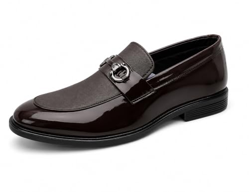 Image of Men's Formal Dual-Texture Loafer, Slip-On Dress Shoe, Patent and Matte Finish, Metallic Bit Detail, for Black-Tie Events and Festive Occasions