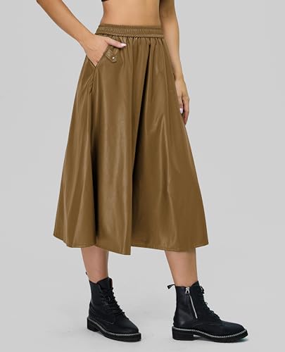 Kisidoo Faux Leather Maxi Long Skirt - High Elastic Waist A-Line Pleated Winter Swing Flare Skirt with Pockets2