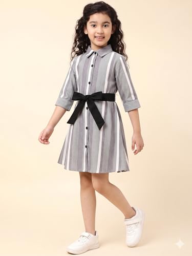 Image of A.T.U.N. (ALL THINGS UBER NICE) Girls 100% Cotton Shirt Dress with Belt | Button-Down Dress with Collar Neck | Soft Breathable Kids Outfit for Girls