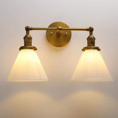 Image of Double Sconce Vintage Industrial Gold 2-Lights Wall Sconces with Funnel Flared Glass Milk Glass Shade Antique Scocne for Bathroom Living Room Home Office