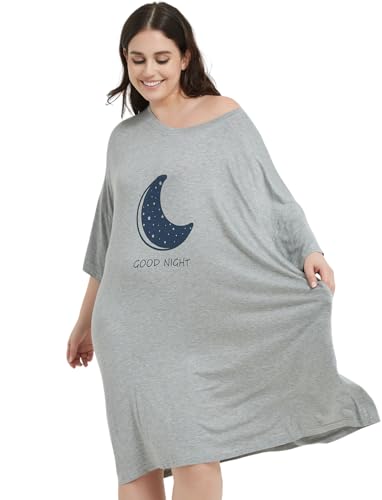 Image of KFUBUO Plus Size Nightgowns for Women Oversized Sleep Tshirts Dress Short Sleeves Sleepwear With Pocket Fit S-5XL