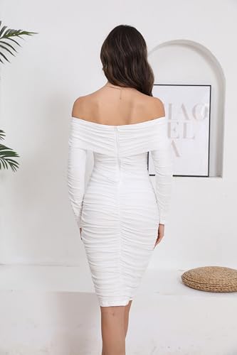 Image of Fooullaide Women's Sexy Off Shoulder Sleeveless Bodycon Ruched Midi Dress