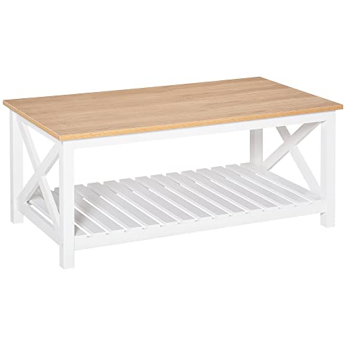 HOMCOM Mesa de Centro para Salón Mesa de Café con Estante de Almacenamiento Inferior para Dormitorio 116x60x48 cm Natural y Blanco