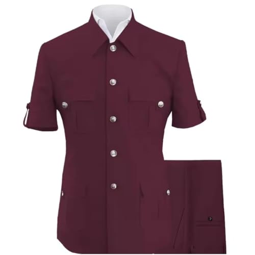 Men Short Sleeve Blazer with Four Pocket and Pants Two Piece Wedding Groom Events Formal Suit3