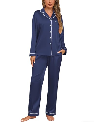 Veseacky Heart Pajamas Womens Satin Pajamas Set Two Pockets Long
