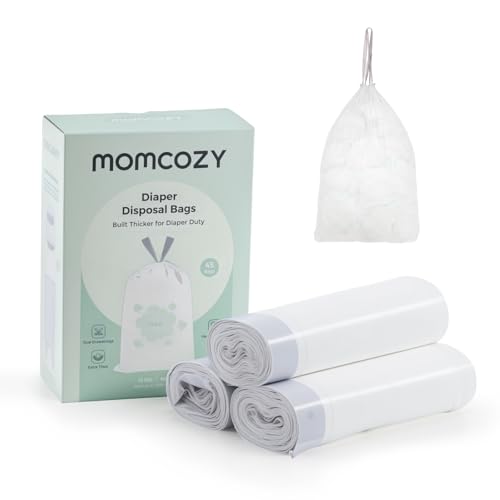 Image of Momcozy 13 Gallon Drawstring Diaper Pail Bags, 45 Count Trash Bag Refills, 3 Rolls x 15 Bags, Compatible with Momcozy Diaper Pail, Ultra-Thick Disposable Diaper Disposal Bags for Nursery