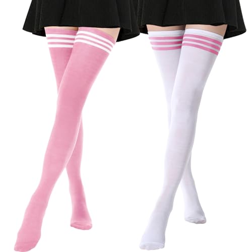 DRESHOW 2 Pairs Extra Long High Thigh Socks Striped Over Knee Thin Tights Long Stocking Knee High Leg Warmer