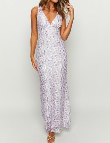 Image of Elegant Lace Floral V Neck Backless Bodycon Dresses for Women Sexy Cut Out Low Back Sleeveless Maxi Dress Wedding Guest