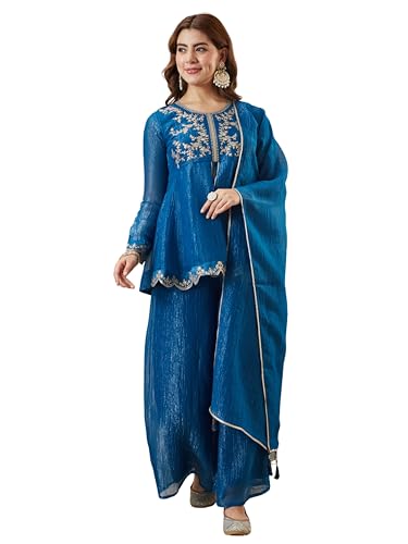 Image of MOKOSH Women's Silk Embroidered Peplum Kurta Sharara with Dupatta | Kurta Set | Ethnic Wear |Round Neck Full Sleeve Kurta | 3 Piece Outfit |Embroidered