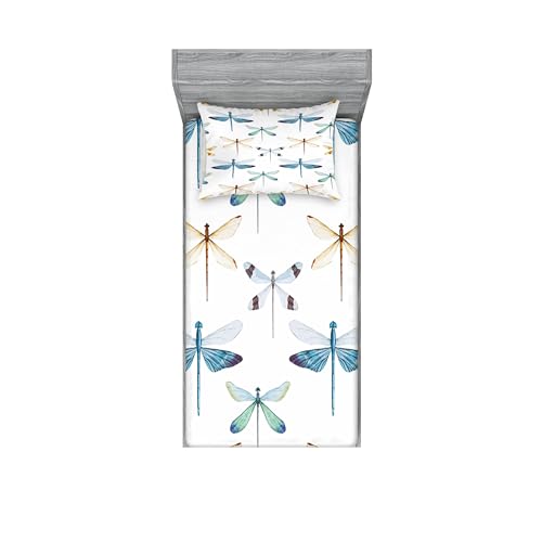 Ambesonne BSWPIL_18365_TWIN Dragonfly Fitted Sheet & Pillow Sham Set, Group Of Regularly Dragonfly Pattern Short Lives Composition Of Bugs, Decorative Printed 2 Piece Bedding Decor Set cover