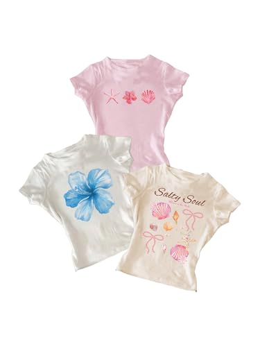 RoseSeek Girl's 3 Packs Graphic Tees Vacation Hibiscus Top Crewneck