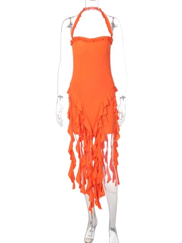 Image of Women's Sexy Fringe Ruffle Halter Neck Off Shoulder Bodycon Blackless Ruched Tassel Hem Mini Flowy Dress