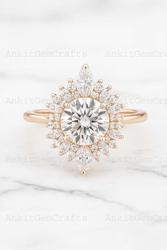 14K Gold Sunburst Moissanite Engagement Ring Vintage Halo Marquise & Round Cut Bridal Ring Art Deco Statement Wedding Jewelry Gift for Women2