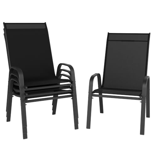 Image of Patio Chairs Set of 4, Stackable Outdoor Dining Chairs for All Weather, Metal Modern Outside Furniture Chair for Pool Side, Garden, Backyard Deck, Black
