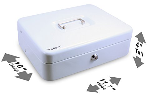 Kolibri Security Durable Metal Cash Box, Money Box with 4 Spring-Loaded Cantilevered Dividers for Bills and 5 Slots for Coin Tray, Key Lock Safe 100% Money Secure and Safe, 2 Keys Included - White