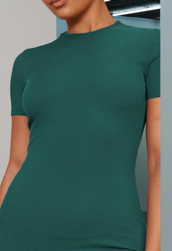 Image of Women's Crew Neck Short Sleeve Slim Fit Ribbed T Shirt Casual Midi Bodycon Dress