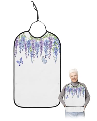 LEOKOTI Blue Purple Weeping Floral Adult Bibs for Eating, Waterproof Bibs with Food Catcher & Snap Closure, Spring Summer Botanical Butterfly Washable Clothing Protectors Adult Bibs for Elderly