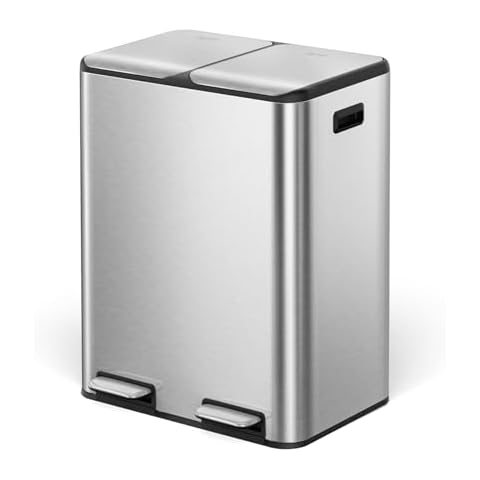 Cesun Kitchen Trash Can, 8 + 8 Gallon Dual Trash and Recycle Bin Combo, 2 Compartment Stainless Steel Kitchen Garbage Can with Lid, Removable Inner Buckets, Soft Close, Odor Filter, 30L+30L Cover