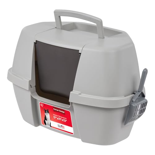 IRIS USA Corner Cat Litter Box - Enclosed Corner Litter Box with Scoop, Hooded Litter Tray for Corners, Space-Saving Covered Litter Box, Odor Defensive, Gray