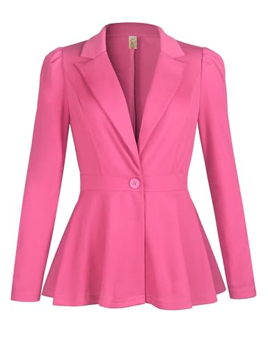 Genhoo Women's Business Casual Blazer Jackets Dressy Puff Sleeve Single Button Peplum Comfy Work Office Blazers