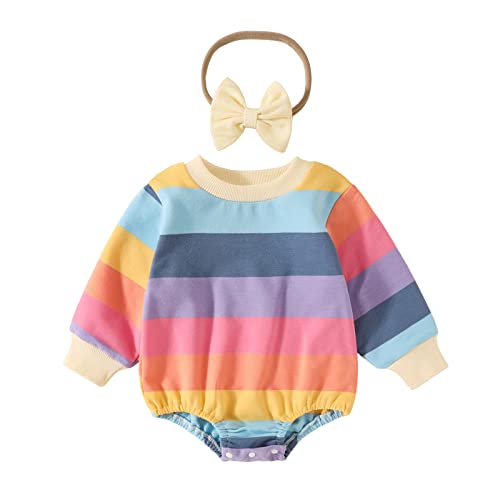 Image of DREAM BUS Newborn Baby Girl Rainbow Sweatshirt Romper Oversized Long Sleeve Bodysuit Baby Girl Jumpsuit with Headband Outfits Clothes 0-3 Months