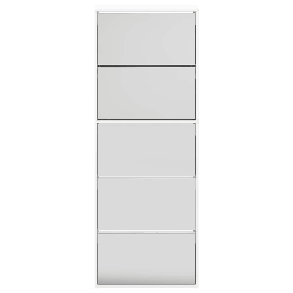 Zapatero con espejo con 5 compartimentos plegables, color blanco brillante para 15-20 pares de zapatos, volquete estrecho de madera para pasillo y entrada, 63 x 17 x 169,5 cm