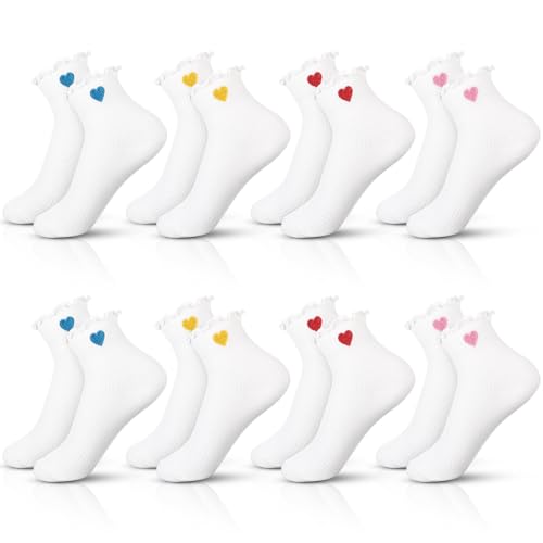 8 Pairs Women's Heart Ruffle Socks Ankle Crew Cotton Socks Cute Heart Design, Breathable Soft, Gifts for Women Mother