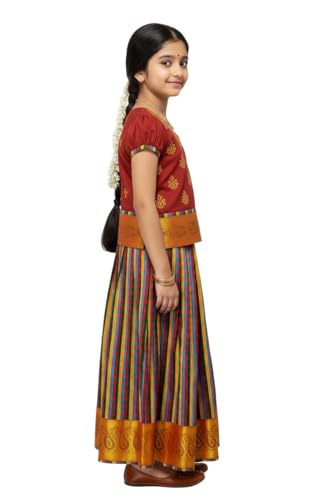 Image of Girls Traditional Silk Pavadai Sattai Lehenga Choli with Waist Belt | Ethnic Festival Wear for Girls, Perfect for Weddings, Pongal, Religious & Special Occasions