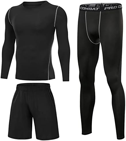 Terecey 3Pcs Compression Running Suits for Men,Mens Compression Tops Long Sleeve+Breathable Compression Leggings+ Men'S Sports Shorts with Pockets,for Running,Fitness,Workout,Training,Gym S-XXL
