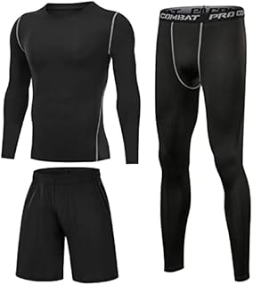 Terecey 3Pcs Compression Running Suits for Men,Mens Compression Tops Long Sleeve+Breathable Compression Leggings+ Men'S Sports Shorts with Pockets,for Running,Fitness,Workout,Training,Gym S-XXL
