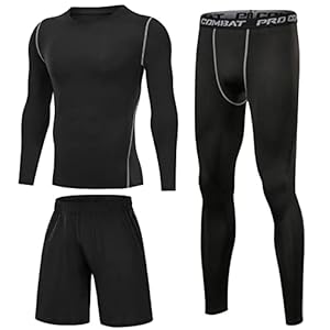 Terecey 3Pcs Compression Running Suits for Men,Mens Compression Tops Long Sleeve+Breathable Compression Leggings+ Men’s Sports Shorts with Pockets,for Running,Fitness,Workout,Training,Gym S-XXL