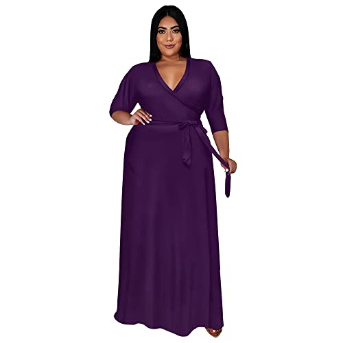 Image of Nmoder Plus Size Maxi Dress for Women - Summer Casual 3 /4 Sleeve Floral Flowy Long Dress with Belt XL- 6XL