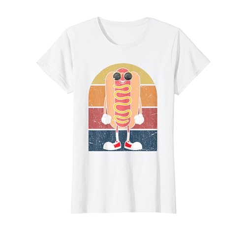 Cool Hot Dog Fast Food Sunglasses Weiner Foodie Retro Hotdog T-Shirt, Women, White, Medium