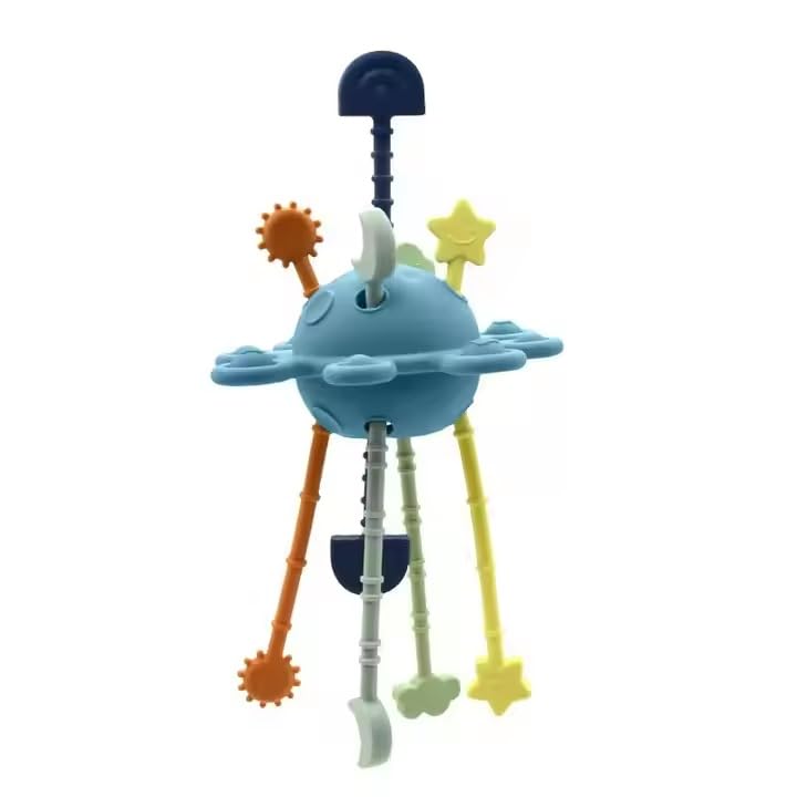 Cute 'n' Cuddle Baby Silicone Toy Interactive String Puller, Funny Pull Rope Game, Multi-colour- Blue
