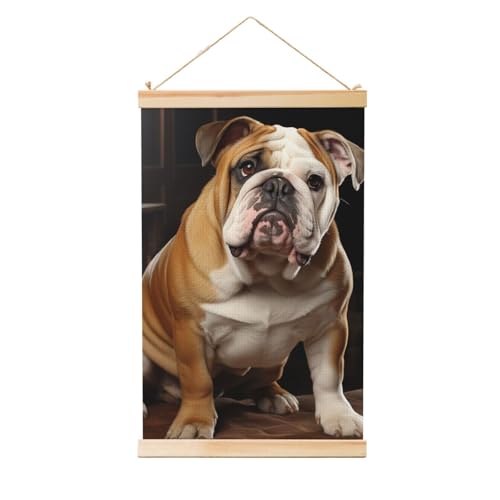 Toile bouledogue anglais 50x75 cm avec cintre en bois vintage