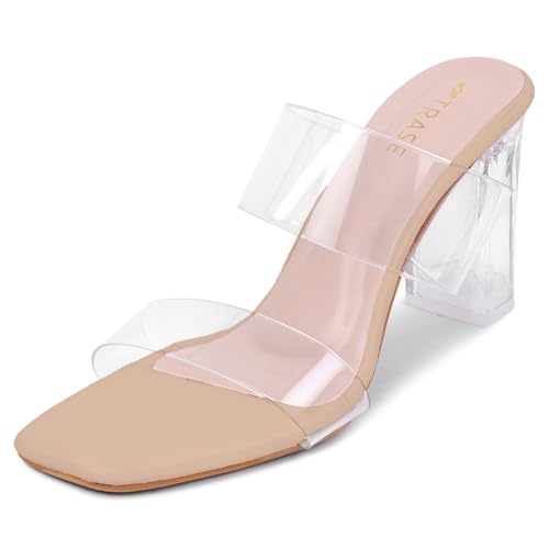 Image of TRASE Transparent Double Strap Block Heels for Women Stylish | Fashionable Heel Sandals for Girls | Elegant & Formal Footwear