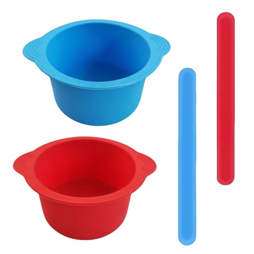 2 Piezas Tazón Silicona Derretir Cera, Cuenco Cera Silicona, Cuenco Depilación, con Escala, Reutiliza con 2 Espátulas para Depilación, Antiadherente, Resistente al Calor, Rojo+Azul
