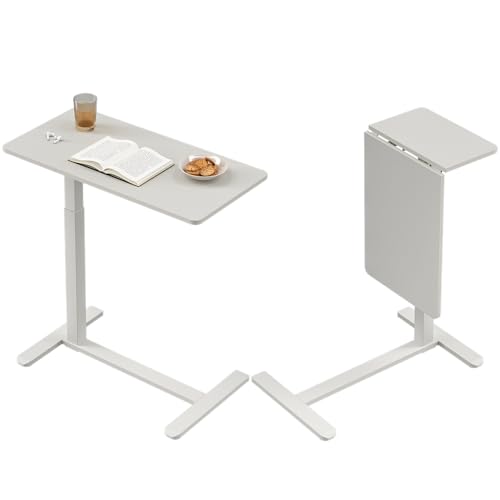 サイドテーブル ガス圧昇降 昇降式デスク高さ 在宅ワーク PCデスク幅80cm 高さ無段階調節 介護用 ベッドテーブル (A (ホワイト))