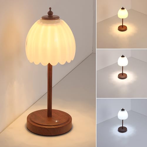 Image of Shenmoyl Tulip Table Lamp with 5200mAh Battery & Touch Control, Small Cordless Table Lamp with 3 Colors, Rechargeable Battery Operated Table Lamps for Bedroom, Desk, Bedside (White-Walnut Color)