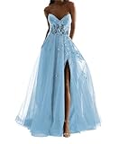 JAEDEN Prom Dress Evening Gowns - Tulle Strapless Formal Prom Gowns Sequin Prom Dress Long Lace Prom Dresses with Slit A Line Light Dusty Blue US4