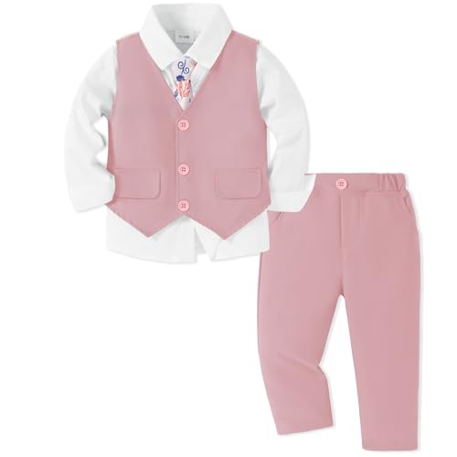 SANMIO Boy Suit Toddler Boys Formal Dress Outfit Shirt+Printed Tie+Vest+Pants Baby Tuxedo Boys Wedding Clothes