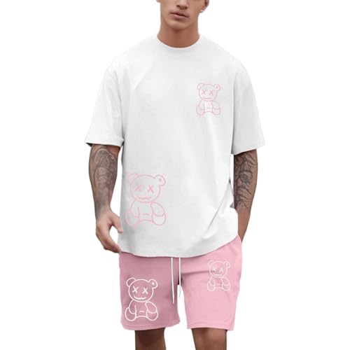 Generisch Traje de ocio cómodo para hombre, informal, manga corta, camiseta y pantalones cortos de pijama, traje de verano de 2 piezas con estampado de playa holgada, juego de dos piezas, conjunto de
