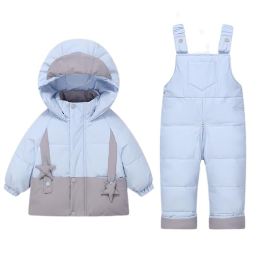 2 Pezzi Bambino Tuta da Neve Inverno Bambini Giacca con Cappuccio Giù Cappotto Nevicare Pantaloni con Bretelle Impermeabile Cerniera Tute da Sci Blu 3-4 Anni