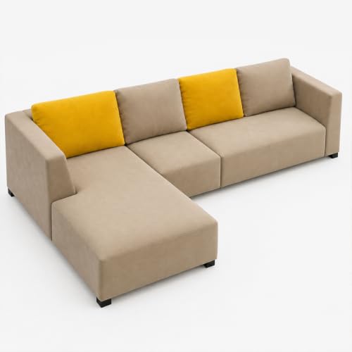 Image of FURNY Olympus 6 Seater LHS L Shape Sofa Set | Plush Velvet Suede Fabric | Modern Design | Soft Comfort Dual Color Cushions for Living Room, Office & Hotels (Beige-Yellow)