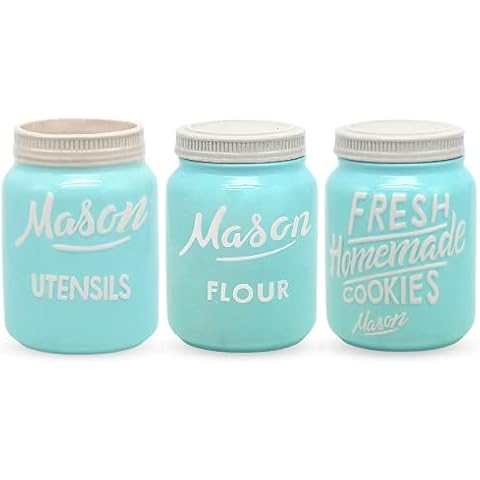 Goodscious Ceramic Mason Jar Farmhouse Kitchen Decor - Kitchen Organization Mason Jars,Utensil Holder,Cookie Jar for Kitchen Counter,Flour Jar,Vintage Kitchen Countertop Organizer- 3 Pc Set (Blue) Cover