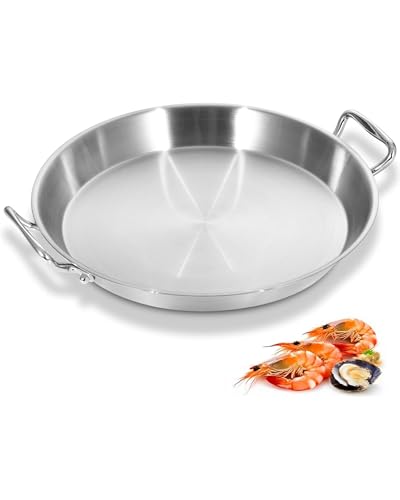 Comparison: Best Stainless Paella Pan 11 12 Inch Paella Pan, Tri-ply Stainless Steel Induction Compatible Large Spanish Rice Pan, Great for Spanish Rice, Seafood Paella, Authentic Paella, Socarrat, Oven Safe, 2-4 Servings, Detachable Handles