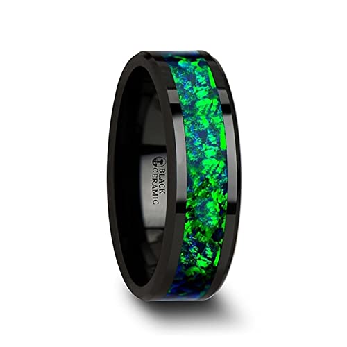 Roy Rose Jewelry Mens Black Ceramic Emerald Green & Sapphire Blue Color Opal Inlay Wedding Ring - Beveled Comfort Fit - 6mm 8mm Wide - Style Name: Pulsar