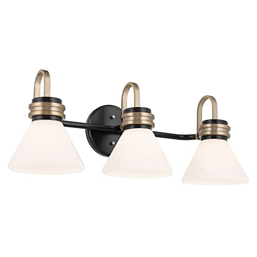 Image of Kichler Farum 26 in 3-Light Bathroom Vanity Light Fixture with Opal Glass in Black with Champagne Bronze Accents for Modern Bathrooms and Powder Rooms (26 in W x 9.5 in H x 9.5 in D) 55155BK