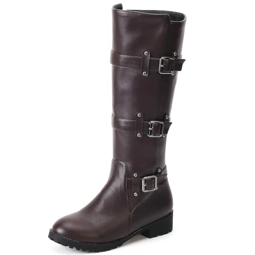 MAVMAX Women's Zipper Knee High Moto Boots Round Toe Motorcycle Boots Chunky Low Heel Biker Booties Buckle Long Riding Boot2